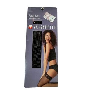 Vassarette Black Fishnet Thigh High Stockings Lace Stay Up Silicone Band 4420 ML